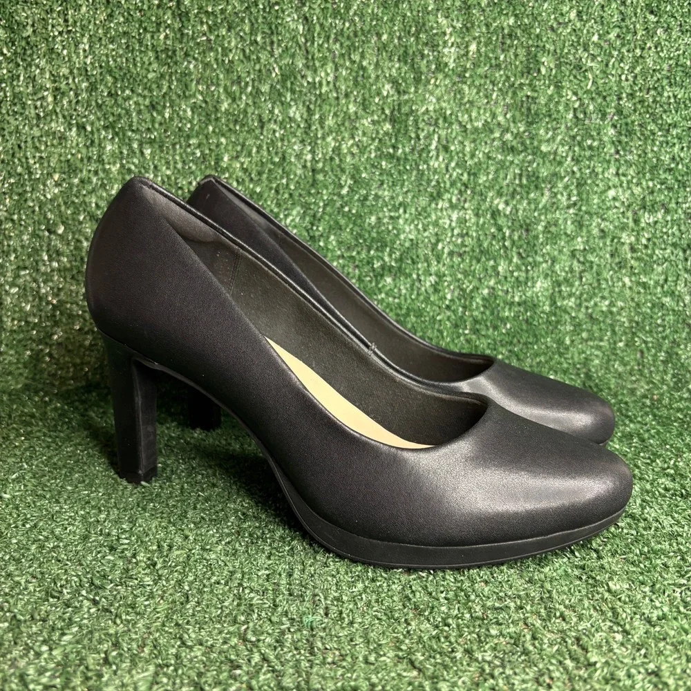 Clarks Ambyr Joy Leather Comfort Round Toe Dress Pump Heel Black Womens Size 9.5